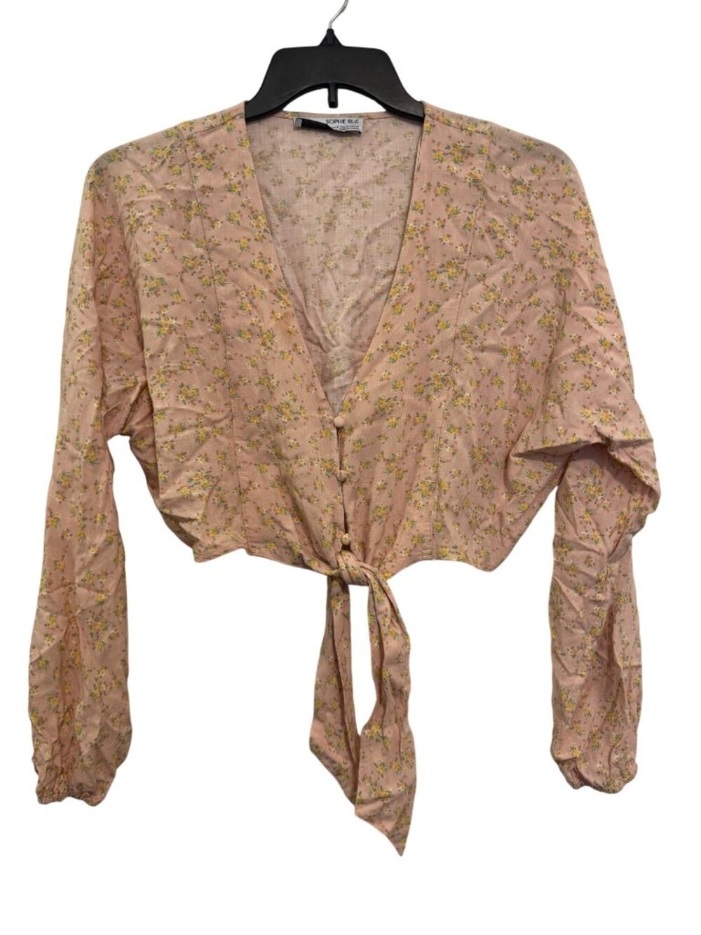 Sophie Rue Floral Tie-Front Blouse In Pink With Long Sleeves & Button Closure Si